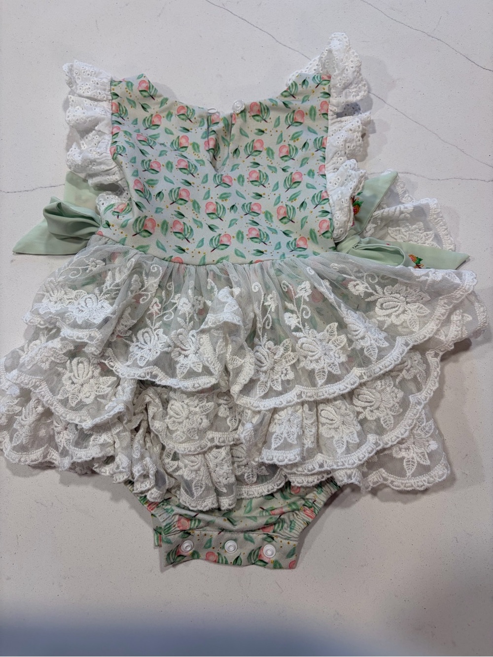 Lace Ruffle Baby One-Piece in Mint Peach Print